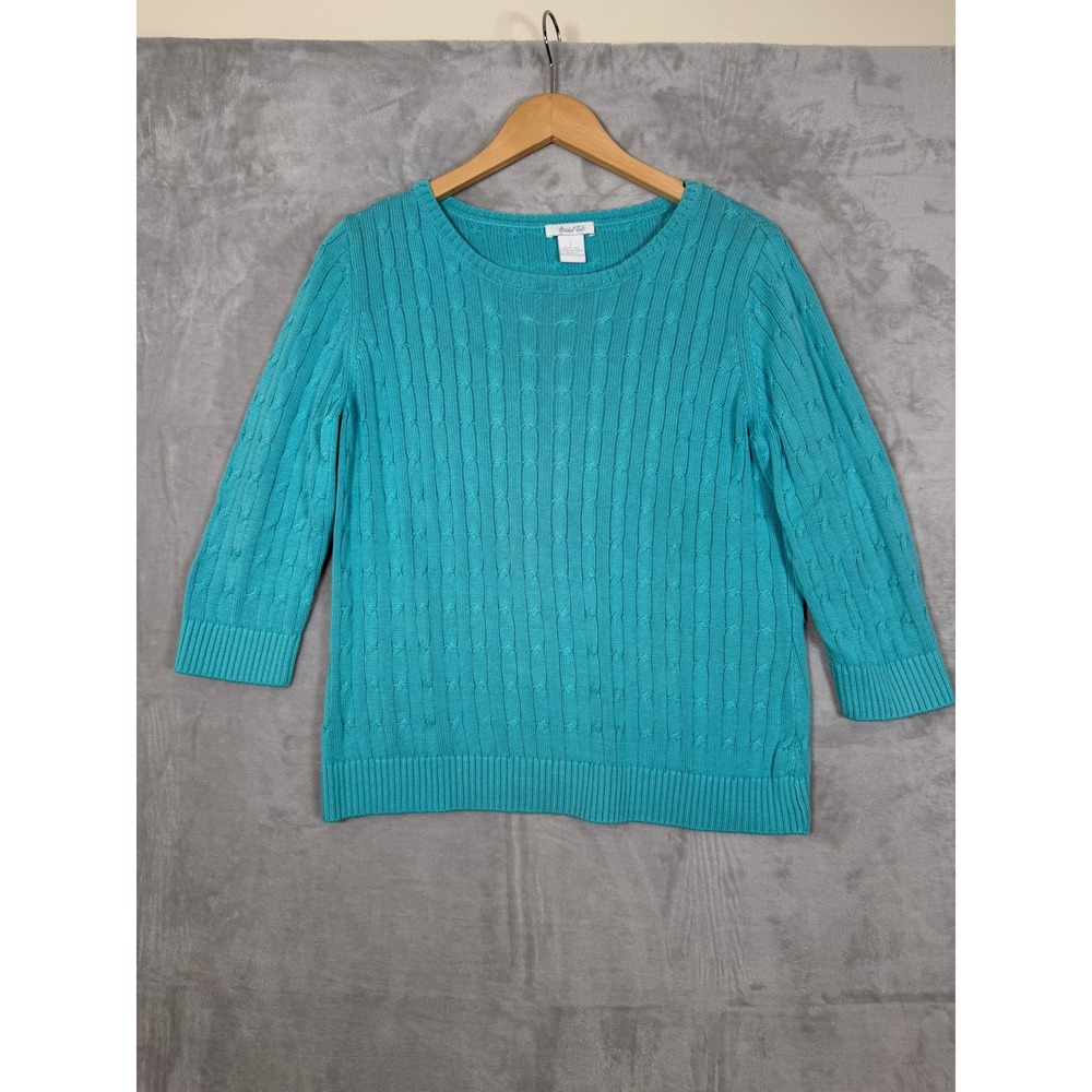 VTG Marshall Field's Cable Knit Silk Sweater Large‎ Blue 3/4 Sleeve Preppy Coast